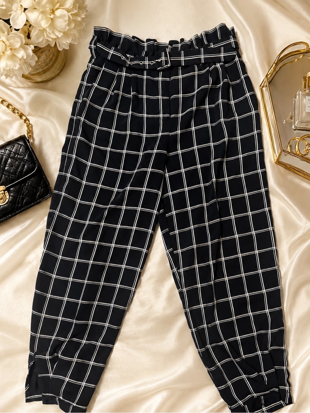 Elizabeth and James Black Windowpane Paperbag Waist Pants